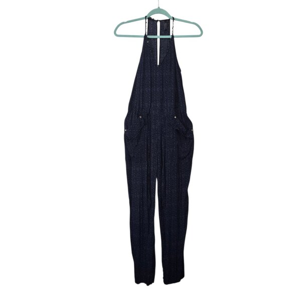 Marciano Blue Pinstriped Halter-neck Jumpsuit Deep V-neck Pockets Size Small - Picture 2 of 9